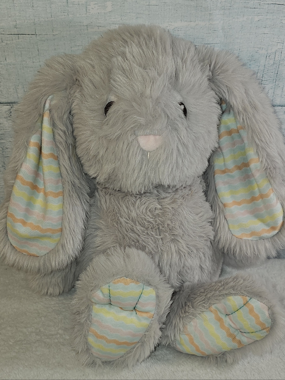 Gigglescape Gray Plush Bunny Stuffed Animal with Pastel Stripe Accents